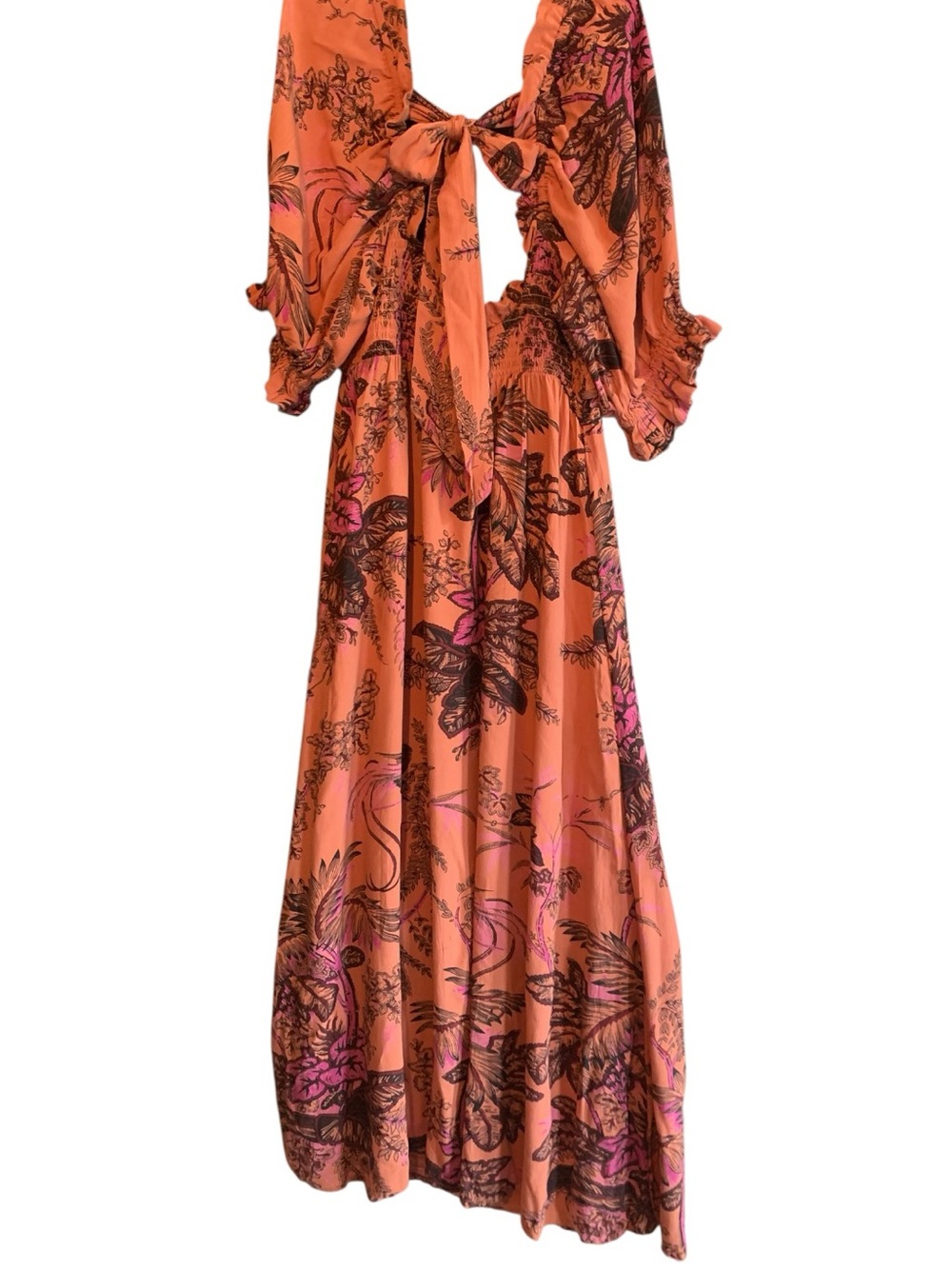Anthropologie Peach Coral Plum Tropical Bird Maxi Dress Natural Life Boho - Picture 4 of 11